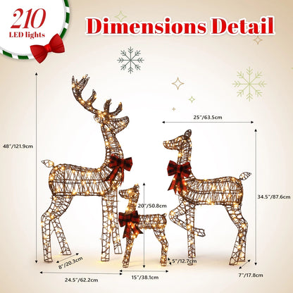 3pcs 4FT Lighted Christmas Rattan Reindeer Xmas Decoration Deer Family Set Brown