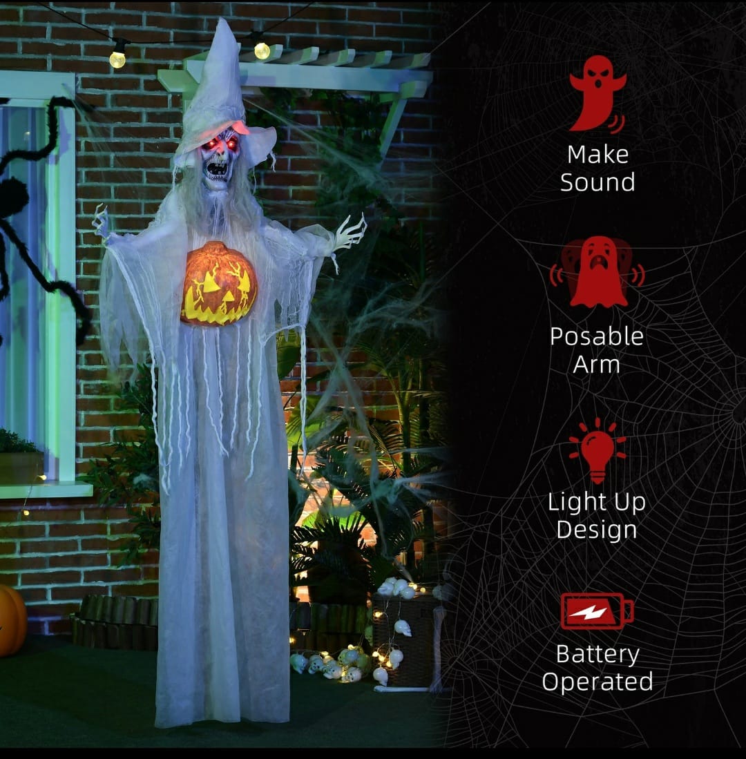 6ft Life Size Outdoor Halloween Decoration Witch with Pumpkin, Light Up Eyes