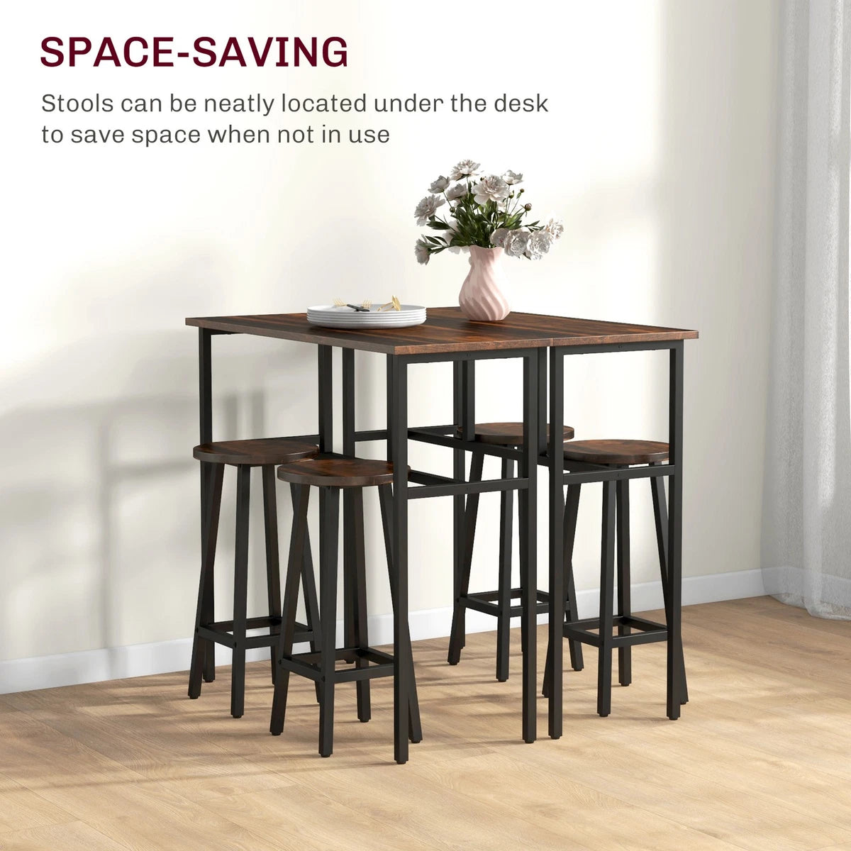 6-Piece Industrial Bar Table Set, 2 Kitchen Tables with 4 Stools, Brown