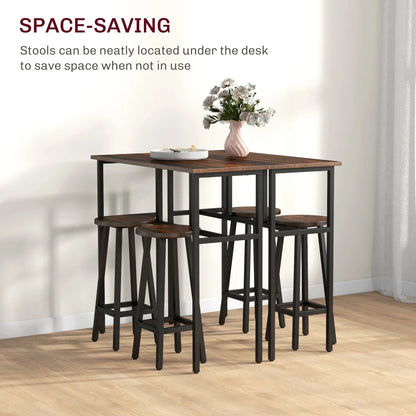 6-Piece Industrial Bar Table Set, 2 Kitchen Tables with 4 Stools, Brown
