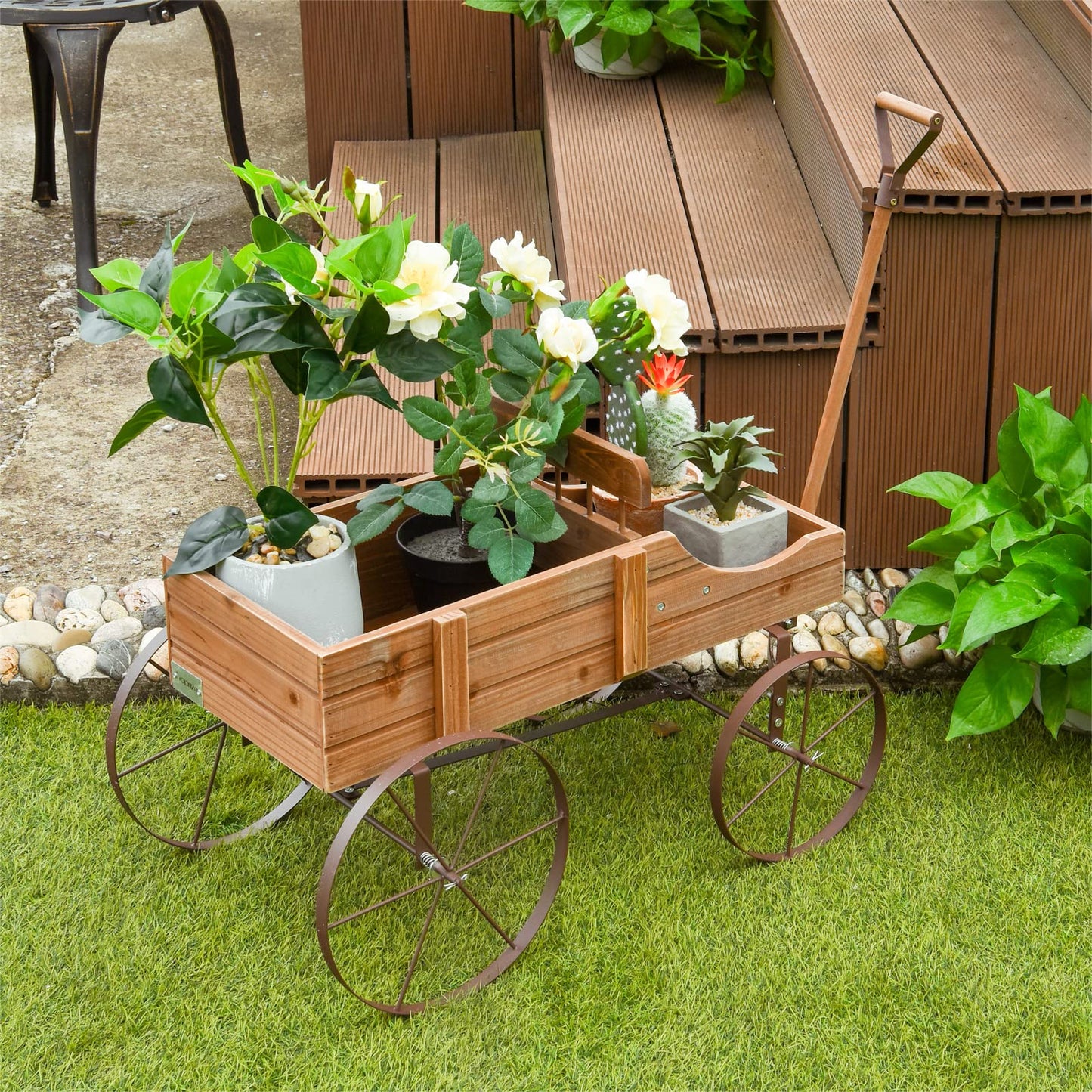 Wagon Garden Planter, Decorative Plant Pot Stand with Rotatable Handle & 4 Wheels