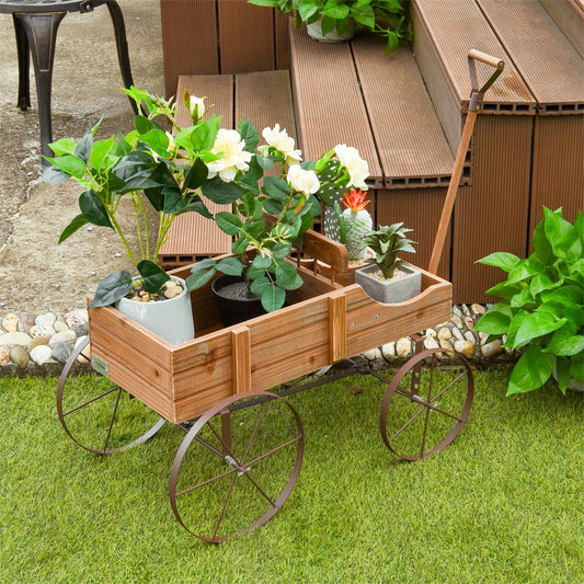 Wagon Garden Planter, Decorative Plant Pot Stand with Rotatable Handle & 4 Wheels