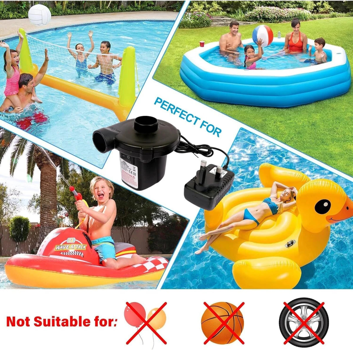AC Electric Air Pump Camping Inflatables Airbed Mattress Paddling Pool 3 Nozzles