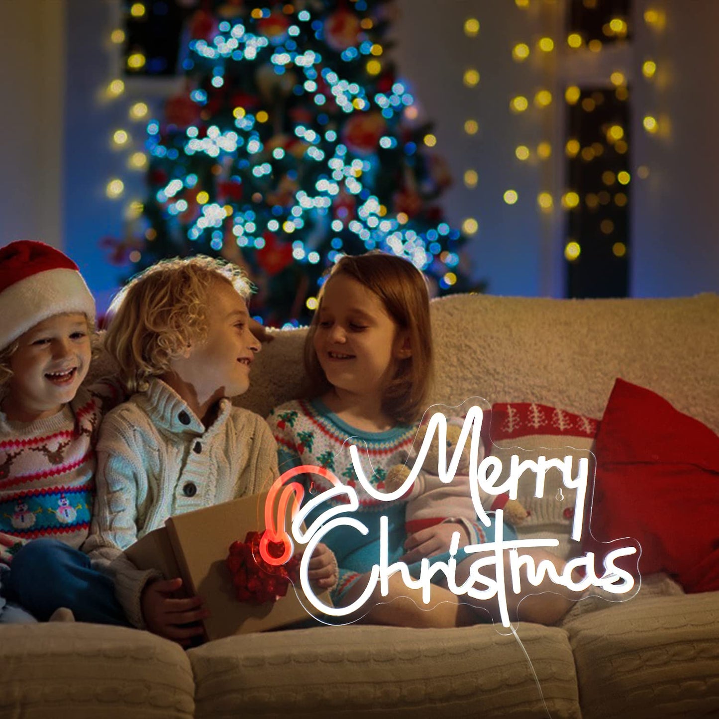Merry Christmas Hat Led Neon Light, White Letters Acrylic Neon Light Signs