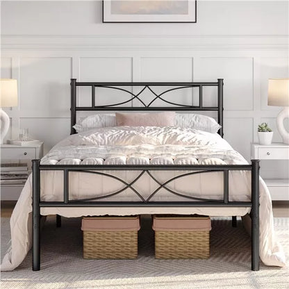 Metal Bed Platform Single/Double/King with Curved Design Headboard Home Bedroom Royalcart