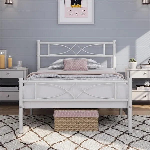 Metal Bed Platform Single/Double/King with Curved Design Headboard Home Bedroom Royalcart