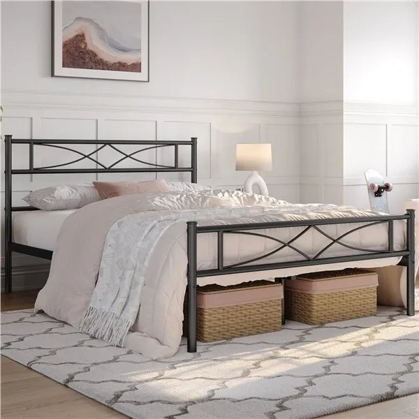 Metal Bed Platform Single/Double/King with Curved Design Headboard Home Bedroom Royalcart