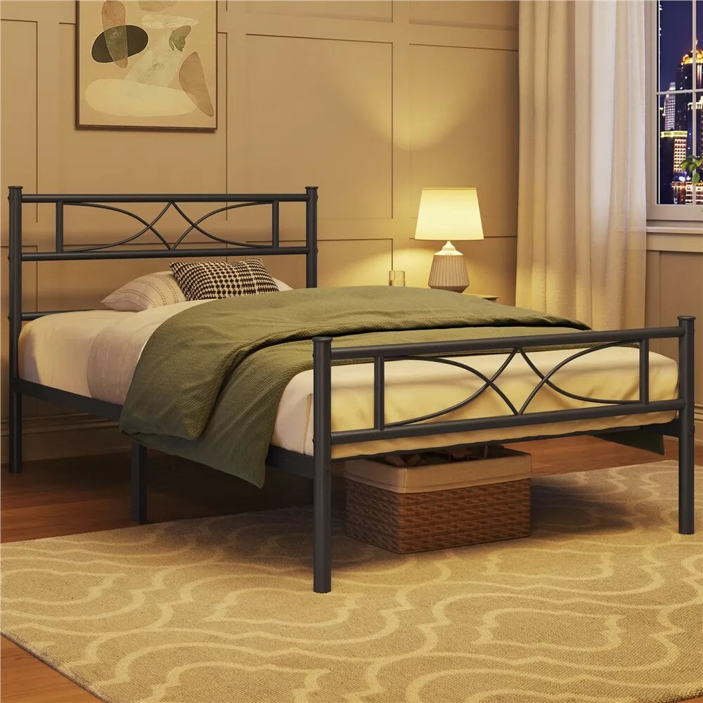 Metal Bed Platform Single/Double/King with Curved Design Headboard Home Bedroom Royalcart