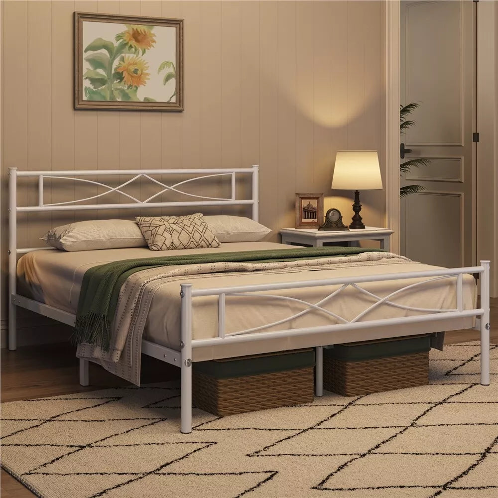 Metal Bed Platform Single/Double/King with Curved Design Headboard Home Bedroom Royalcart