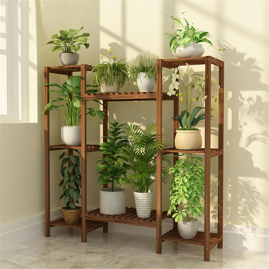 Multi-Tier Stylish Bamboo Plant Stand Indoor&Outdoor 10 Pot Bonsai Display Shelf Royalcart