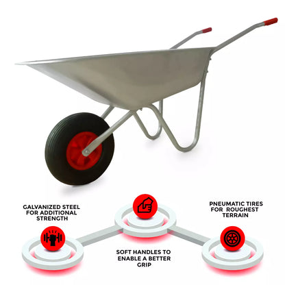 65L Wheelbarrow Heavy Duty Galvanised Home Garden Metal Cart with Pneumatic Tyre Royalcart