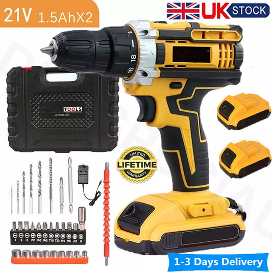 2 Battery 21V Cordless Drill Combi Driver High Power Electric Screwdriver Set UK Royalcart