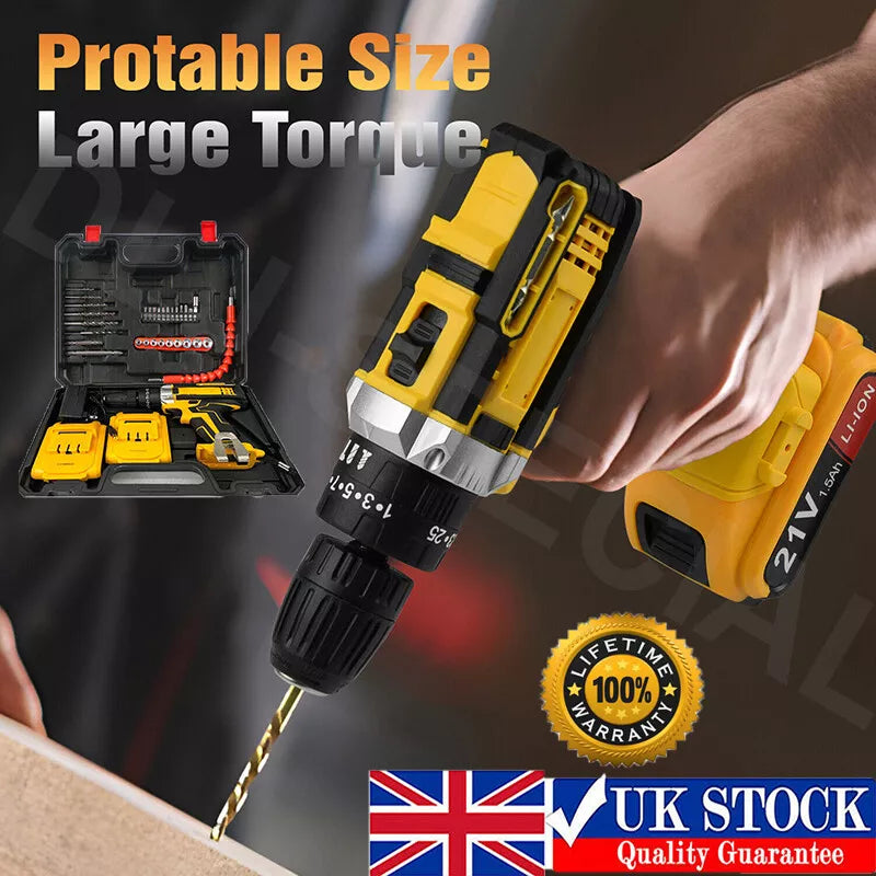 2 Battery 21V Cordless Drill Combi Driver High Power Electric Screwdriver Set UK Royalcart