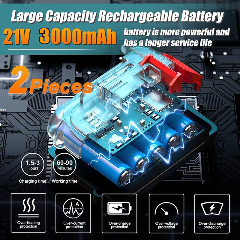 2 Battery 21V Cordless Drill Combi Driver High Power Electric Screwdriver Set UK Royalcart