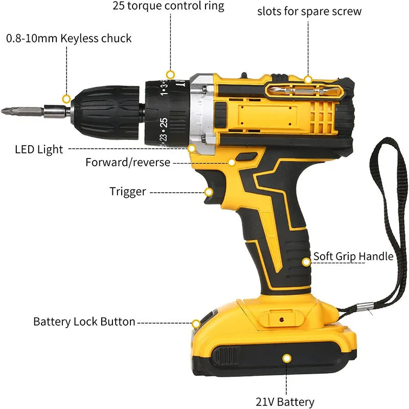 2 Battery 21V Cordless Drill Combi Driver High Power Electric Screwdriver Set UK Royalcart