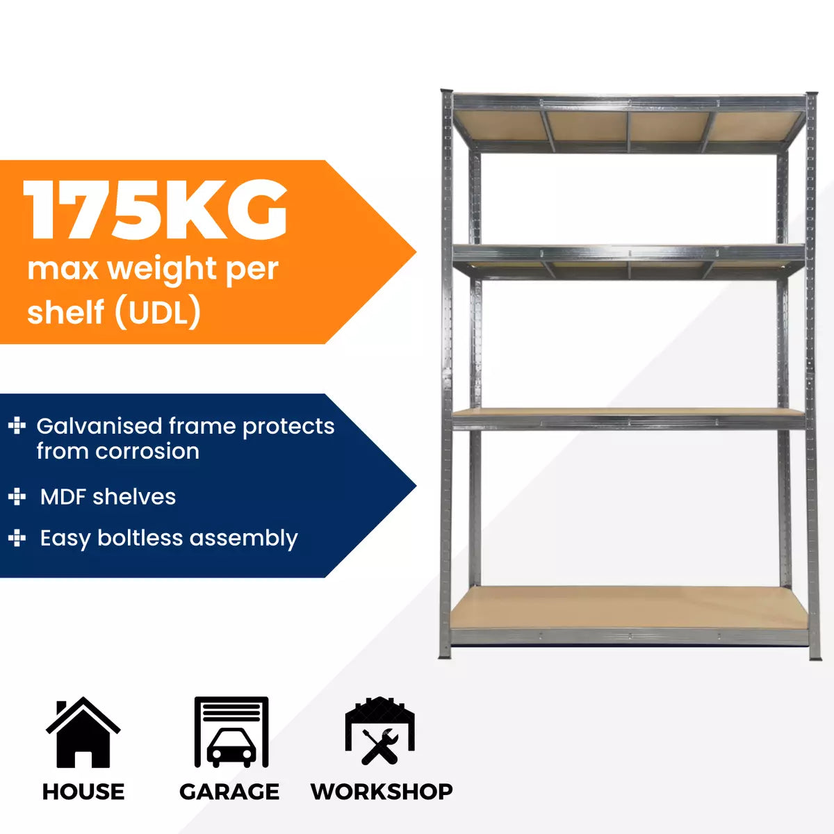 Garage Shelving Boltless Metal Racking Shelf Unit Strong Storage Shelves 175KG 180x90x120cm Royalcart