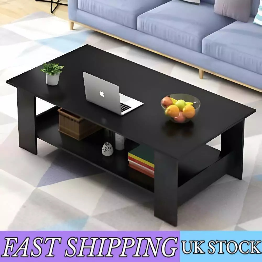 Modern Coffee Table Living Room Tea Side End Desk With Lower Storage Shelf Black Royalcart