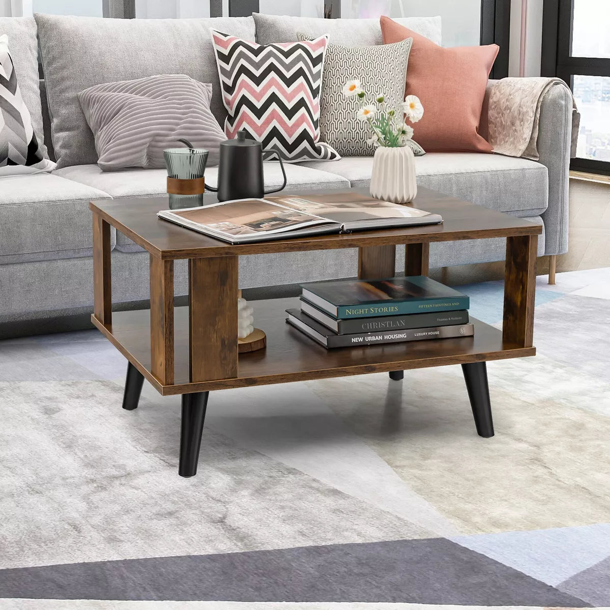 Industrial Coffee Table  2-Tier Wooden Center Table Small Side Table Living Room Royalcart