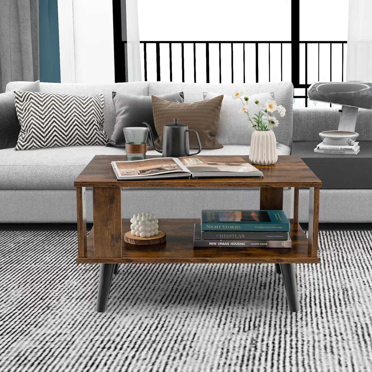 Industrial Coffee Table  2-Tier Wooden Center Table Small Side Table Living Room Royalcart