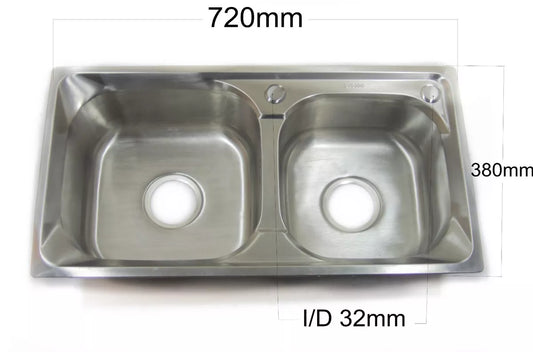 Double Bowl Kitchen Sink Stainless Overmount 72 x 38 cm inc Waste Kit Royalcart
