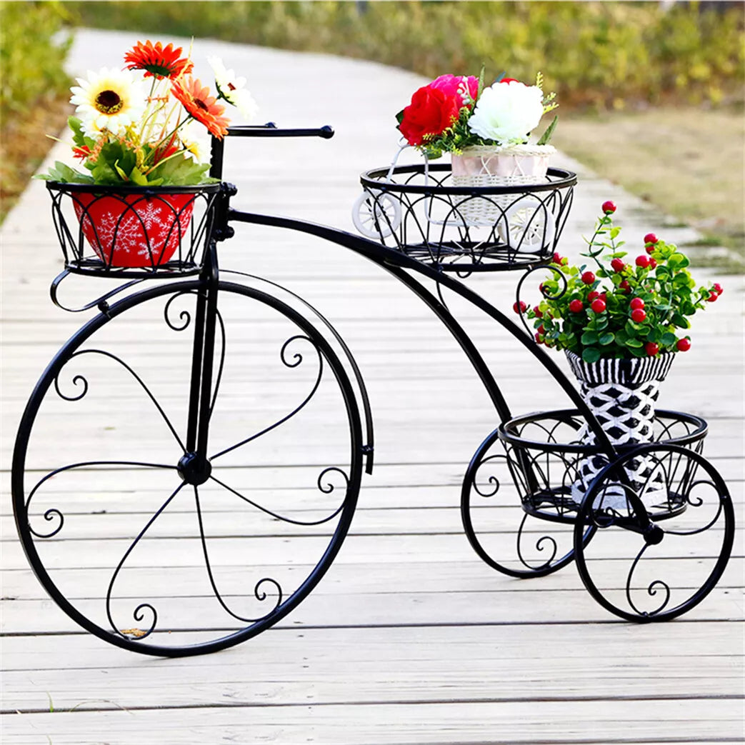 Large Bike Planter Garden Ornament Metal Bicycle Plant Stand with 3 Flower Pots Royalcart