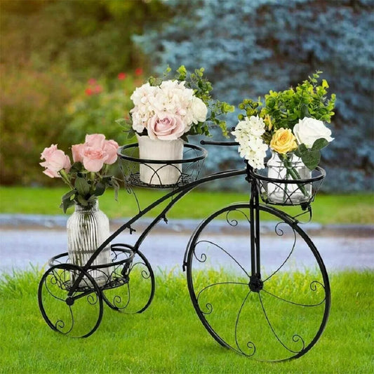 Large Bike Planter Garden Ornament Metal Bicycle Plant Stand with 3 Flower Pots Royalcart
