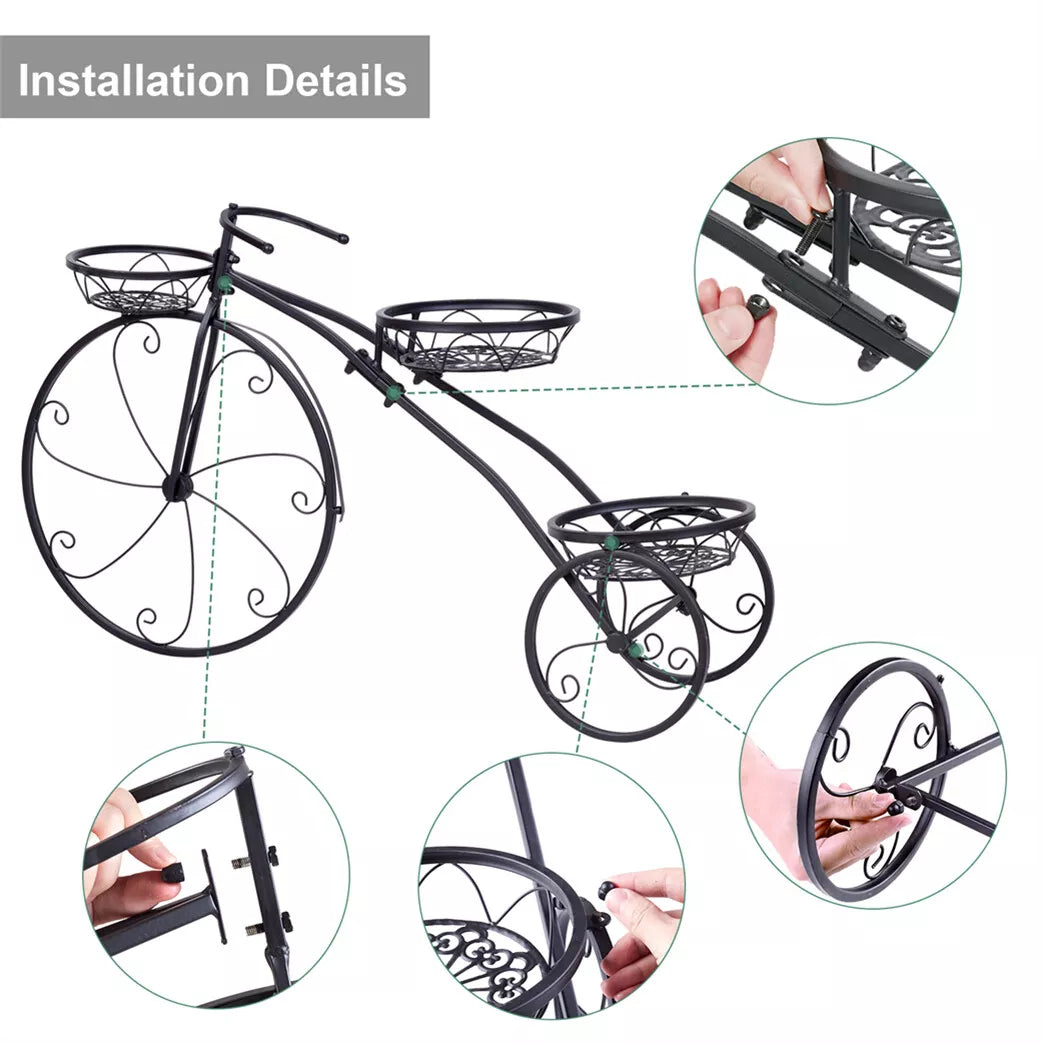 Large Bike Planter Garden Ornament Metal Bicycle Plant Stand with 3 Flower Pots Royalcart