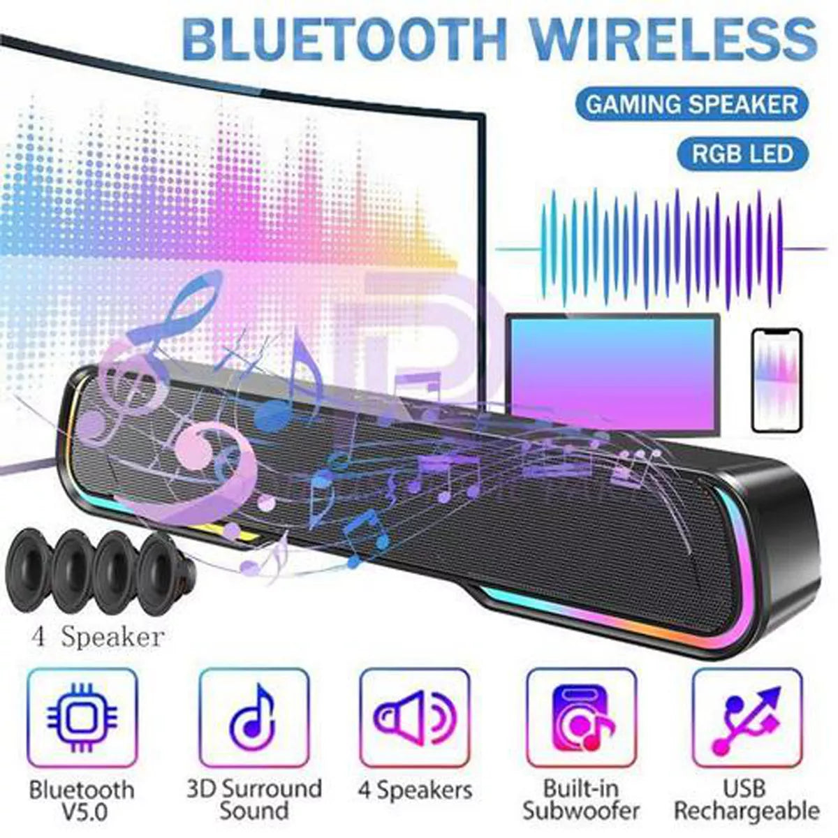 Surround Sound Bar 4 Speaker System Wireless BT Subwoofer TV Home Theater Royalcart