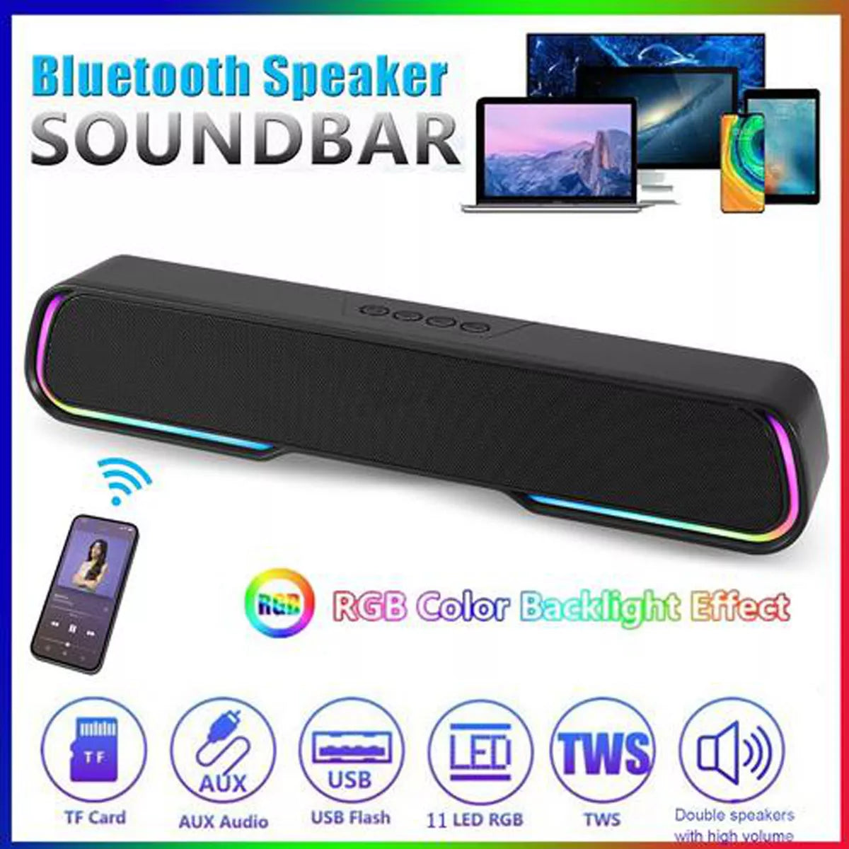 Surround Sound Bar 4 Speaker System Wireless BT Subwoofer TV Home Theater Royalcart