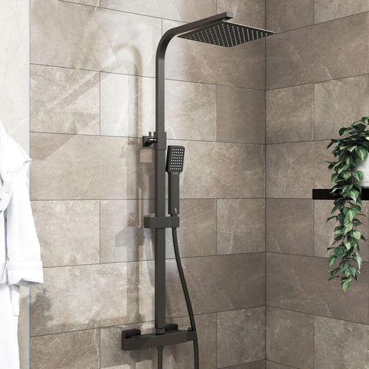 Matte Black Bathroom Exposed Shower Mixer Twin Head Shower Kit Large Square Bar Set Royalcart