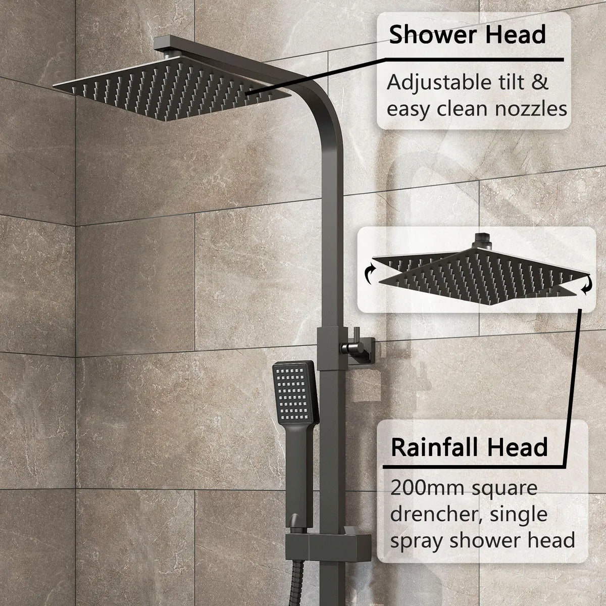 Matte Black Bathroom Exposed Shower Mixer Twin Head Shower Kit Large Square Bar Set Royalcart