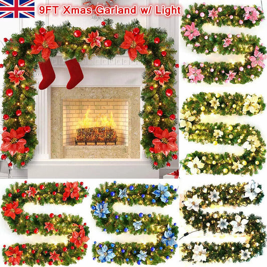 9FT Pre Lit Christmas Garland LED Lights Wreath Xmas Decorations Christmas Balls