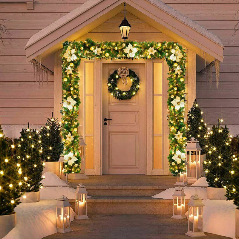 9FT Pre Lit Christmas Garland LED Lights Wreath Xmas Decorations Christmas Balls