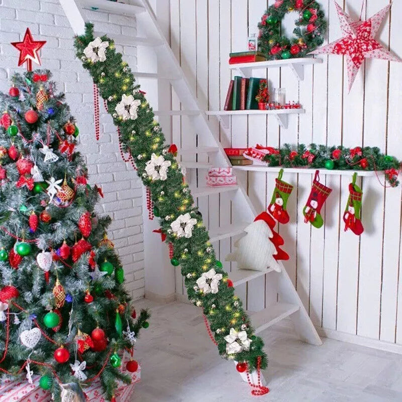 9FT Pre Lit Christmas Garland LED Lights Wreath Xmas Decorations Christmas Balls