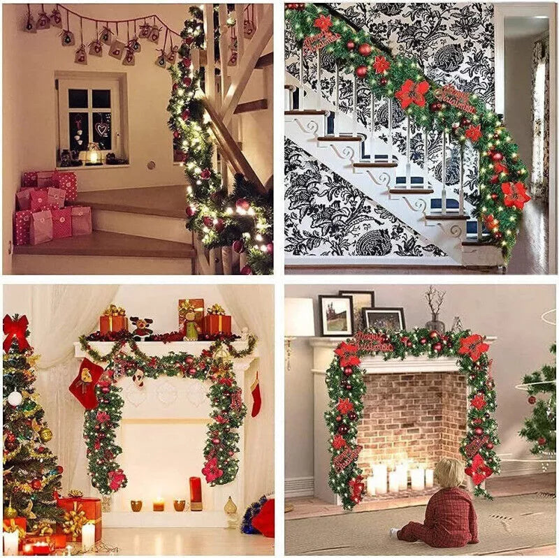 9FT Pre Lit Christmas Garland LED Lights Wreath Xmas Decorations Christmas Balls