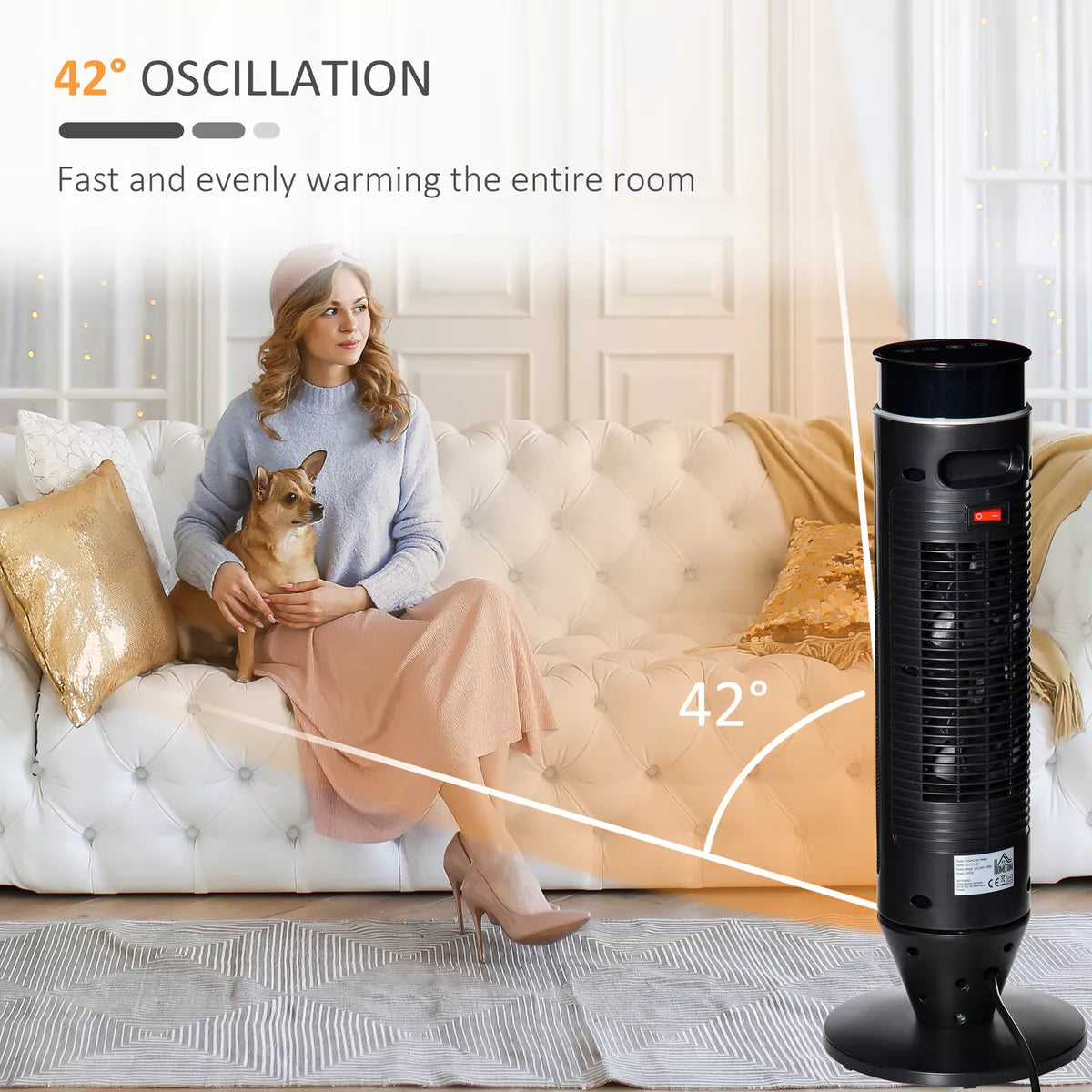 Tower Indoor Space Electric Heater w/ 42° Oscillation Remote Control Timer