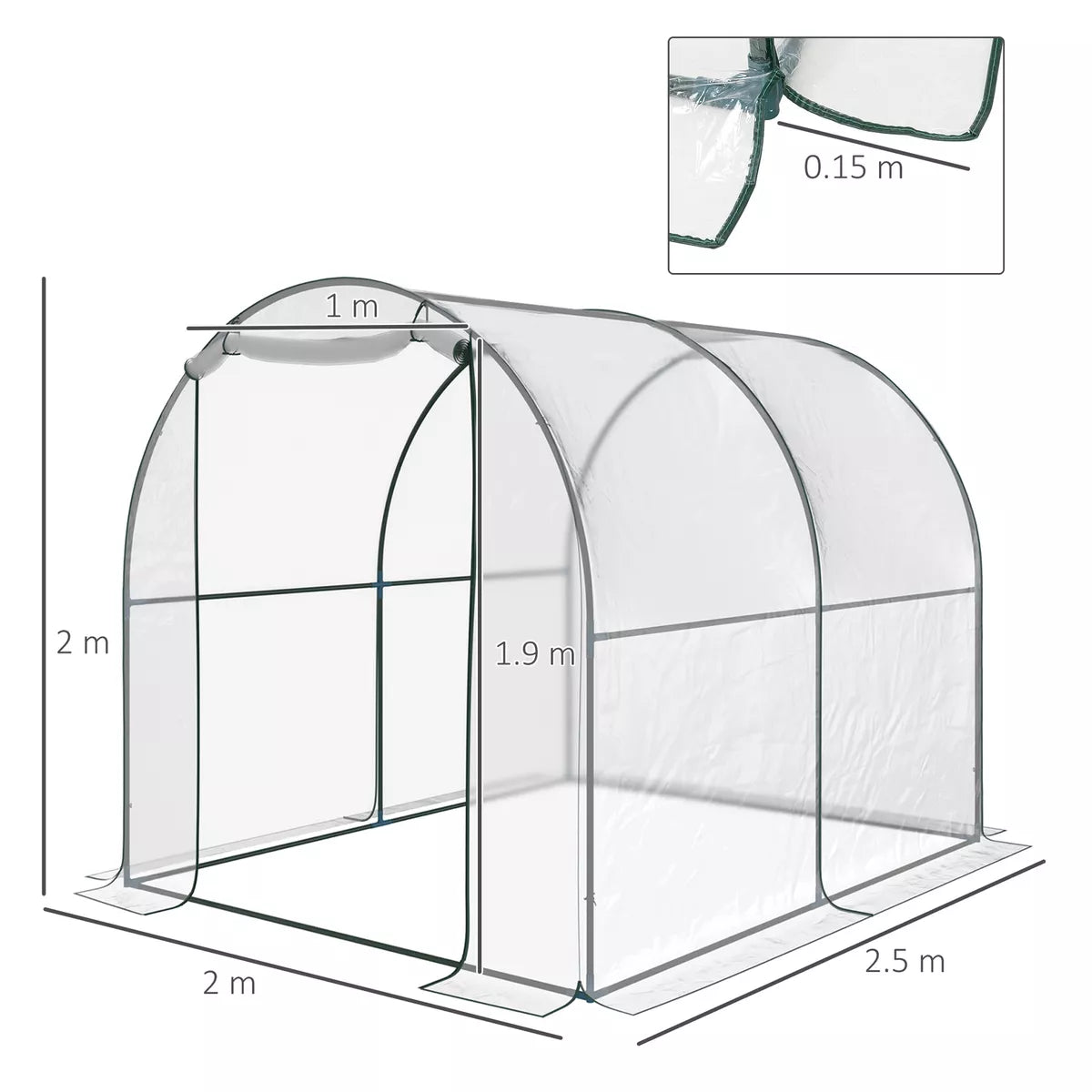 2.5x2x2m Walk In Polytunnel Greenhouse w/ Roll Up Door PVC Cover