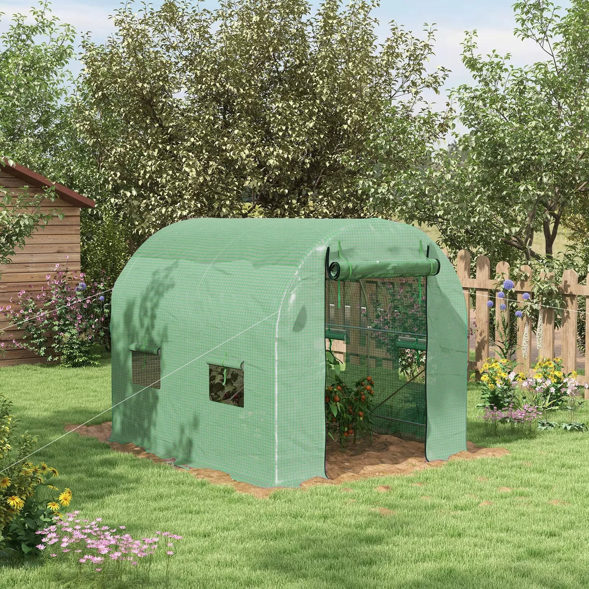 2.5 x 2m Walk-In Polytunnel Greenhouse with Roll Up Door Windows Green