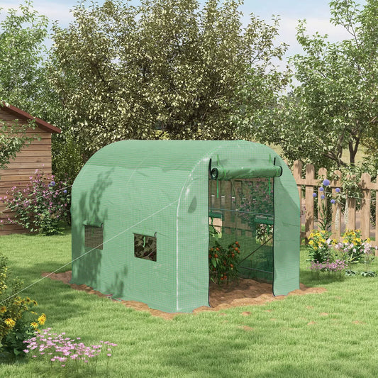 2.5 x 2m Walk-In Polytunnel Greenhouse with Roll Up Door Windows Green
