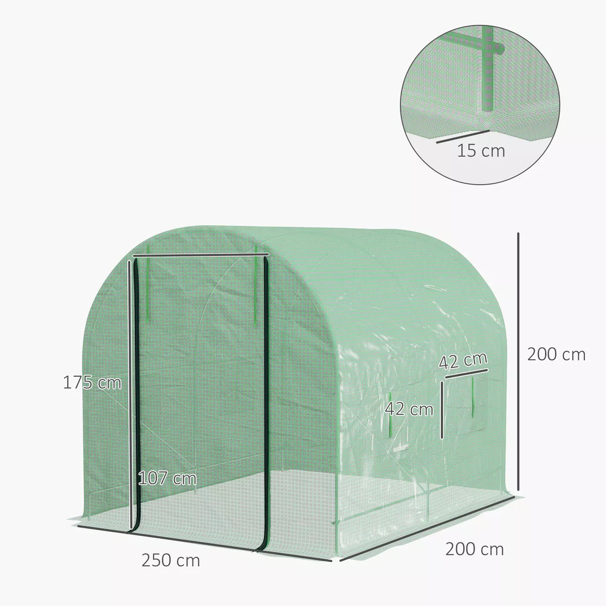 2.5 x 2m Walk-In Polytunnel Greenhouse with Roll Up Door Windows Green