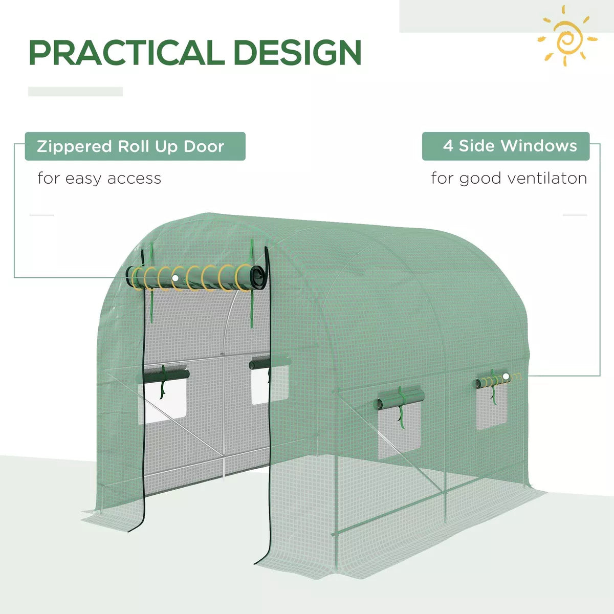 2.5 x 2m Walk-In Polytunnel Greenhouse with Roll Up Door Windows Green