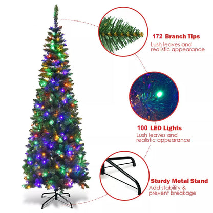 Christmas Tree Pre Lit Slim Pencil Green Artificial Bushy Pine XMAS Decor 4FT