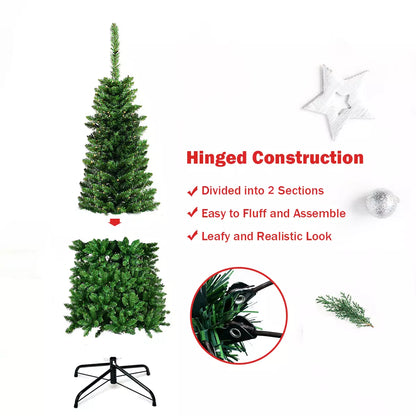 Christmas Tree Pre Lit Slim Pencil Green Artificial Bushy Pine XMAS Decor 4FT