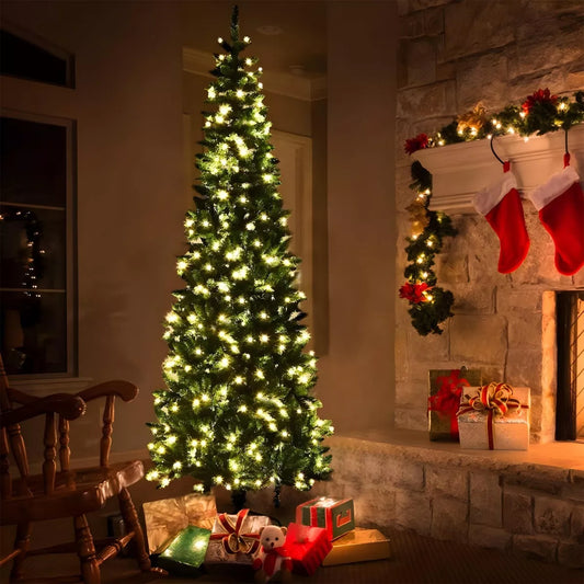 4/5/6ft Green Christmas Tree Slim Pencil Artificial Pre Lit LED XMAS Home Decoration