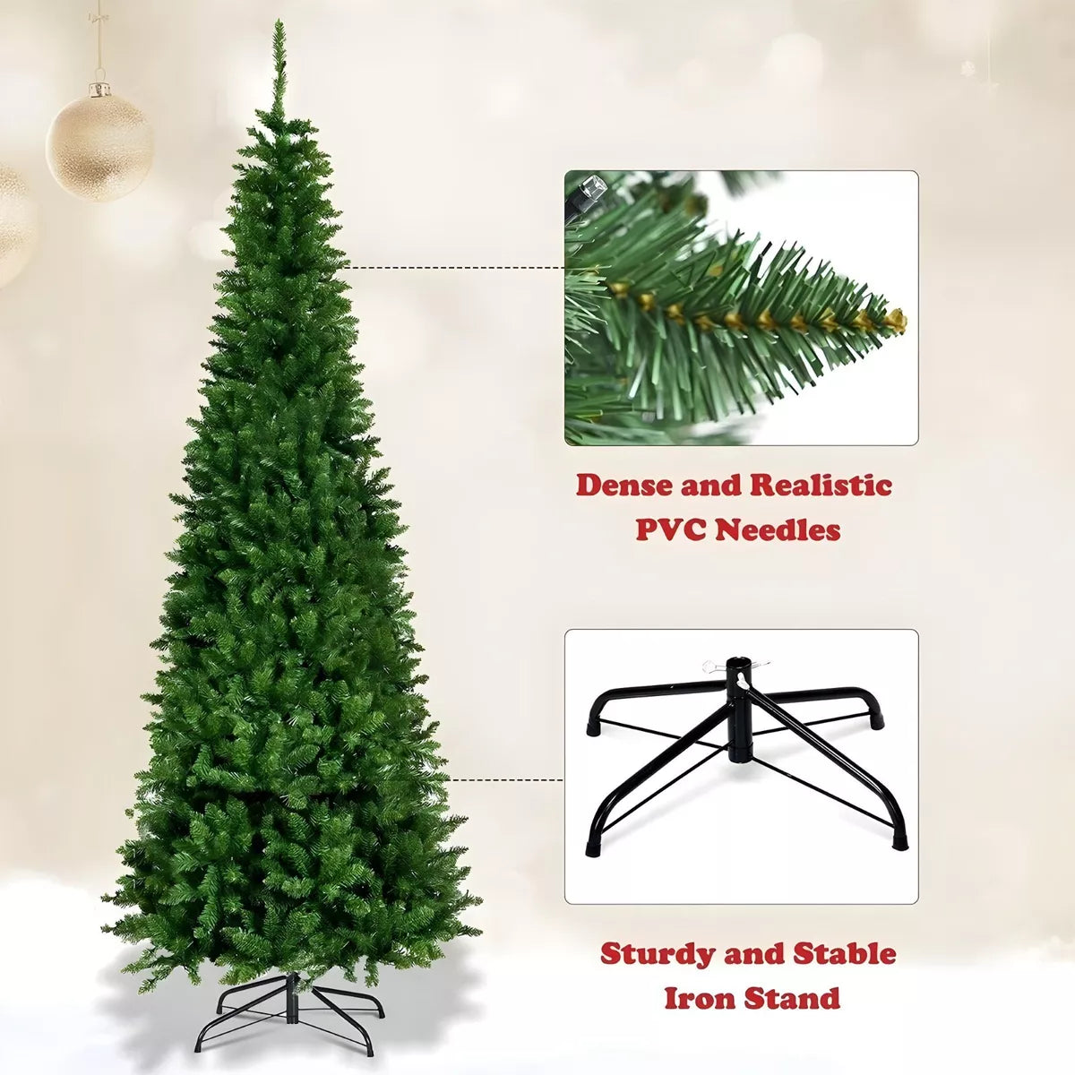 4/5/6ft Green Christmas Tree Slim Pencil Artificial Pre Lit LED XMAS Home Decoration