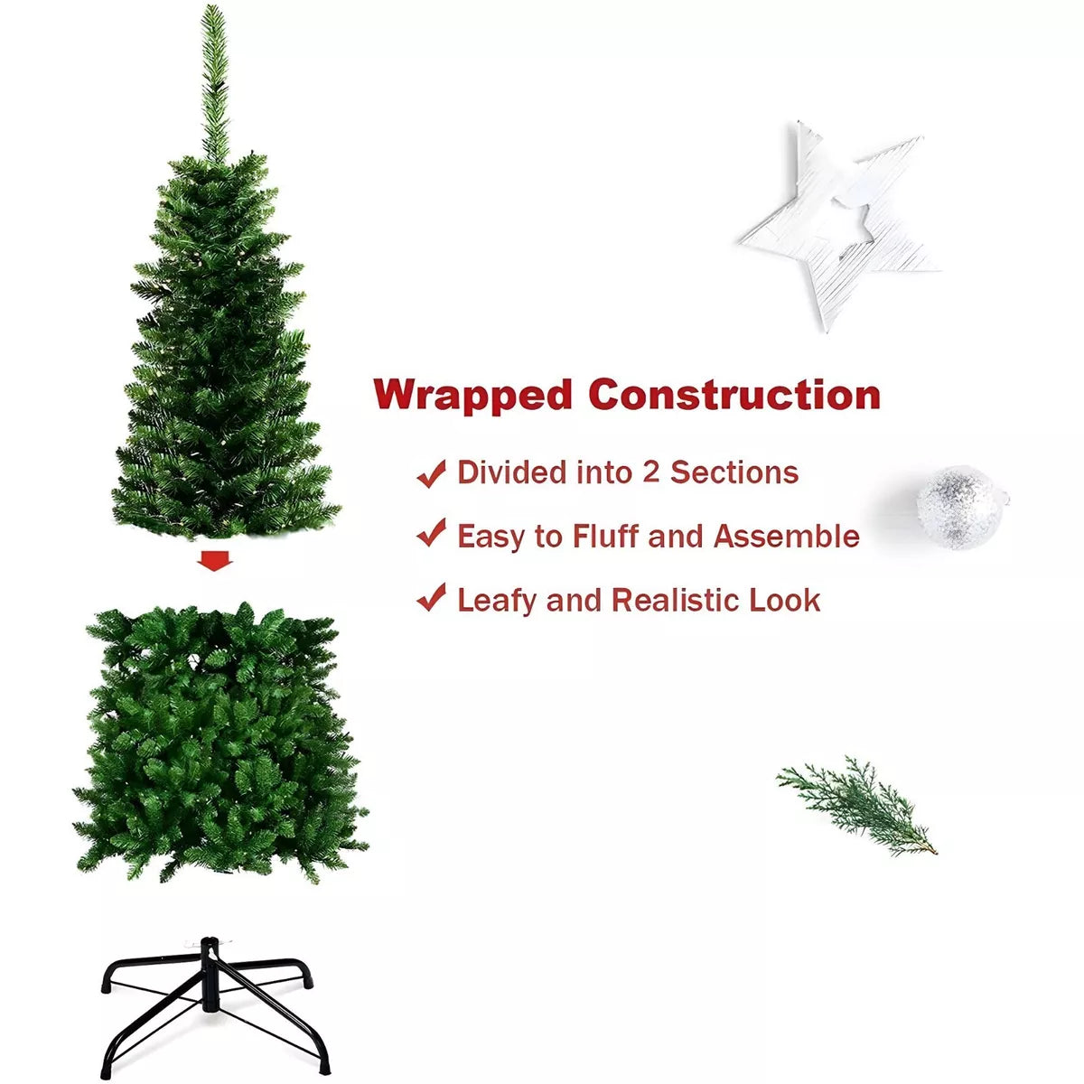 4/5/6ft Green Christmas Tree Slim Pencil Artificial Pre Lit LED XMAS Home Decoration