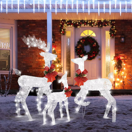 Set of 3 Light Up Reindeer Family Outdoor Christmas Decoration White Wire LED UK