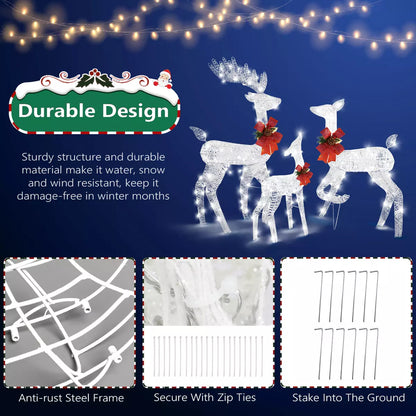 Set of 3 Light Up Reindeer Family Outdoor Christmas Decoration White Wire LED UK