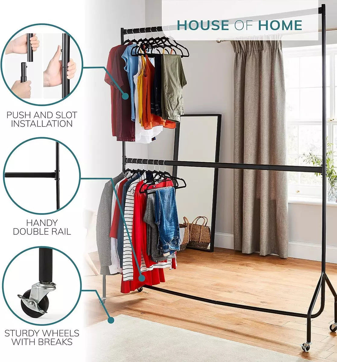 4ft long x 7ft Two Tier Heavy Duty Clothes Rail Garment Hanging Rack In Black