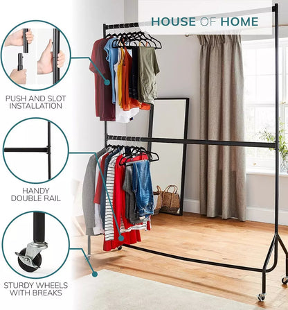 4ft long x 7ft Two Tier Heavy Duty Clothes Rail Garment Hanging Rack In Black